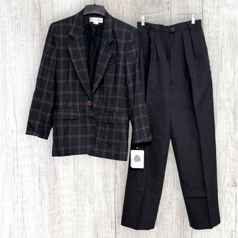 NWT Christian Dior Vintage 1980s Plaid Wool Blazer Pleated Pants Suit 4/8